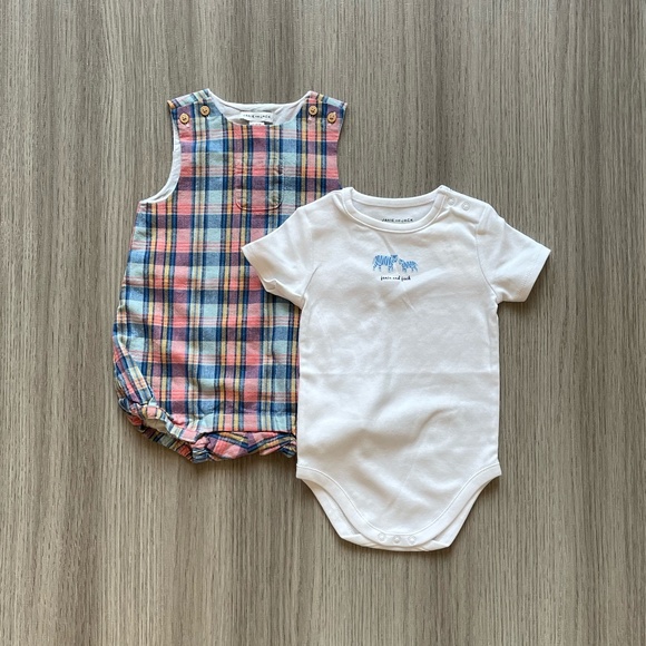 NWT Janie & Jack Plaid Linen One Piece and Tiger Short Sleeve Onesie Blue 6-12M - Picture 1 of 16